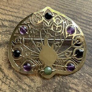 Vintage 1960s Wild Byrde Peacock Brooch Gold Tone Art Glass Pin 1 3/4" Hammered